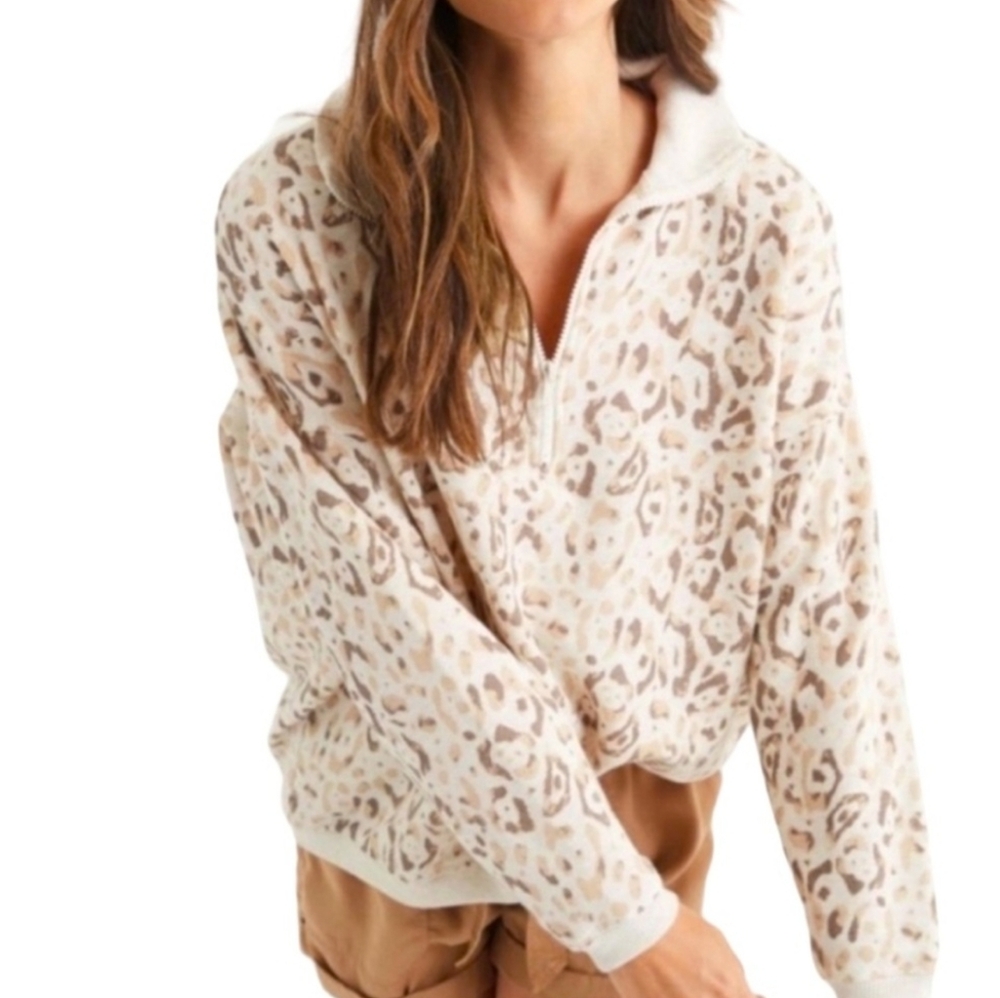 Aerie Leopard Print 1/4 Zip Pullover Oversized Sweater Size Small